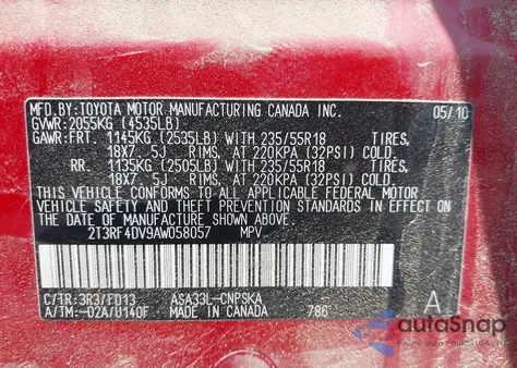 2010 Toyota Rav4 Sport из США, поврежденный, VIN 2T3RF4DV9AW058057